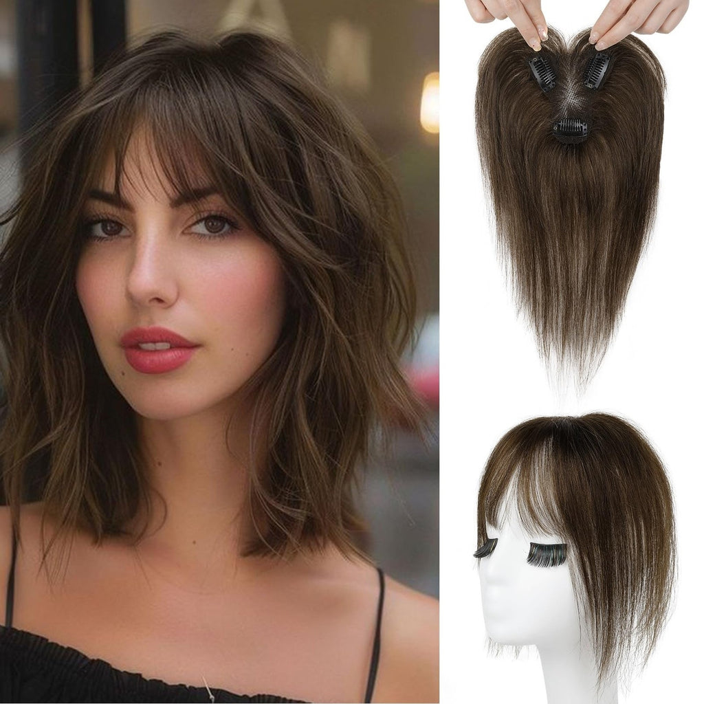 Reecho Hair Topper With Bangs Short Curly Wave Clip In Dark Brown Wiglet