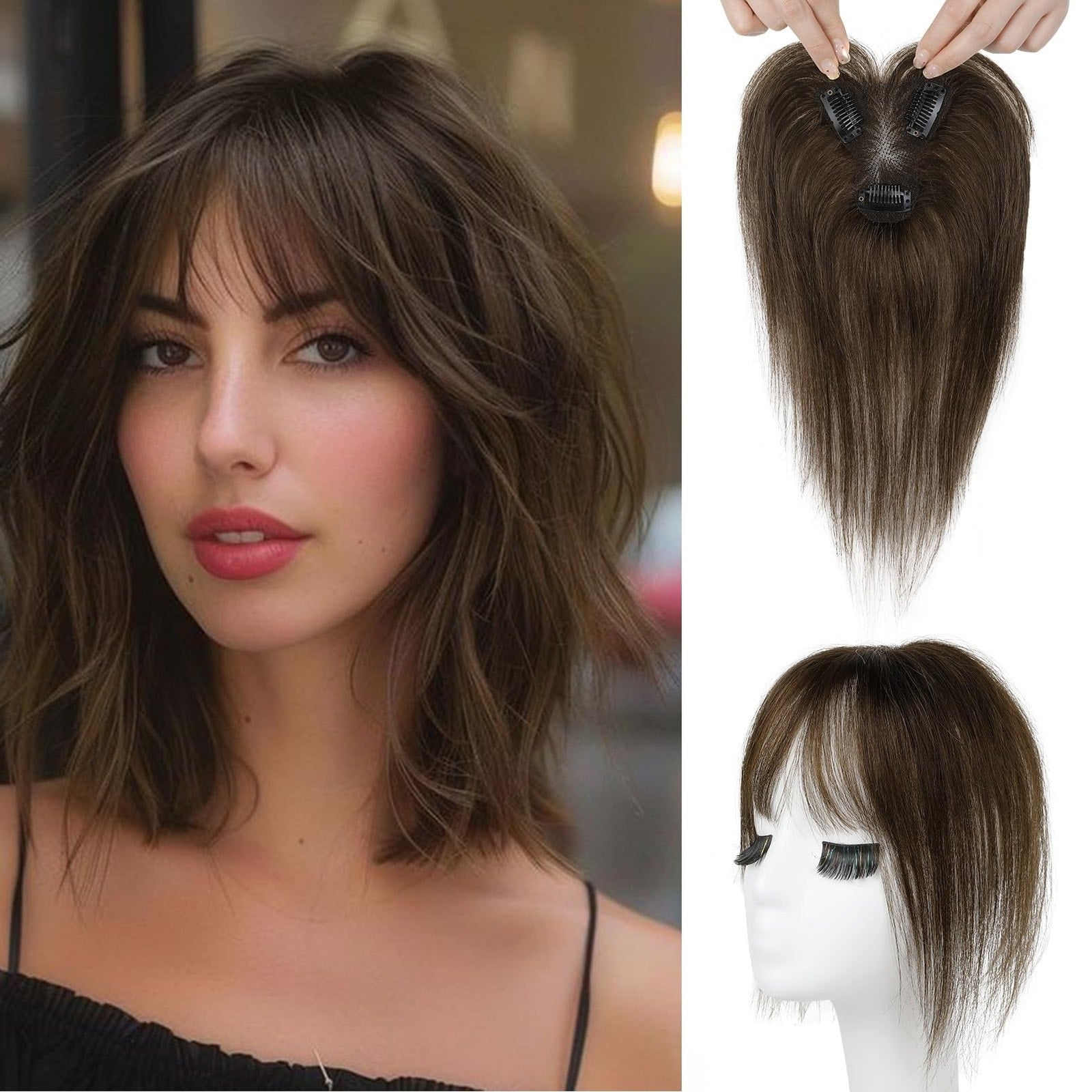 Reecho Hair Topper With Bangs Short Curly Wave Clip In Dark Brown Wiglet