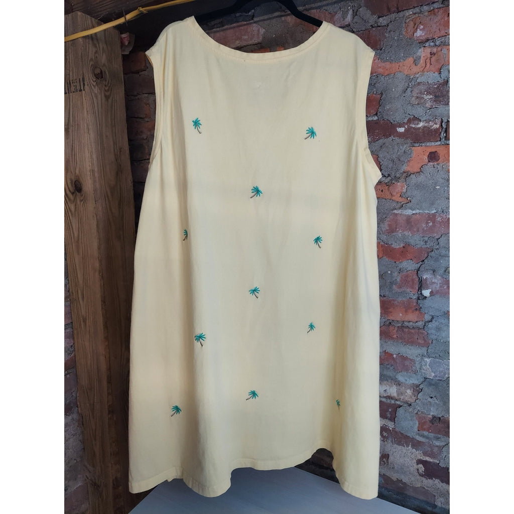 Jane Ashley Womens Sleeveless V Neck Tunic Dress 2X Yellow Palm Tree Embroidered