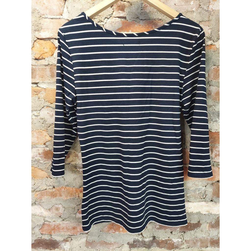Metaphor Womens 3/4 Sleeve Shirt Top L Navy Blue White Striped Lace Detail