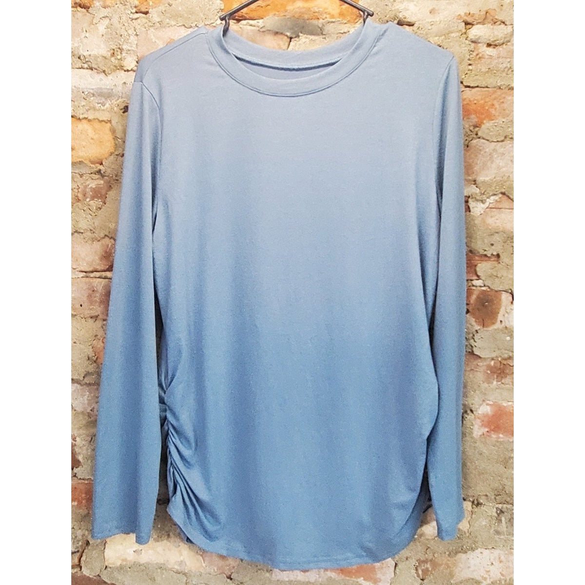 Womens Sz M Long Sleeve Crew Neck Top Light Blue Ruched Side Casual Pullover