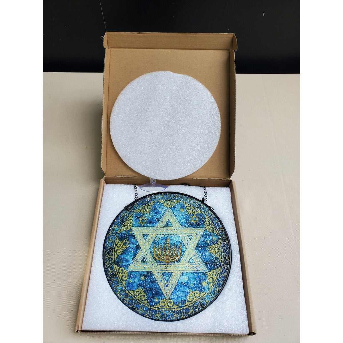 Star of David Menorah Suncatcher Stained Glass Mosaic Art Window Hanging Blue