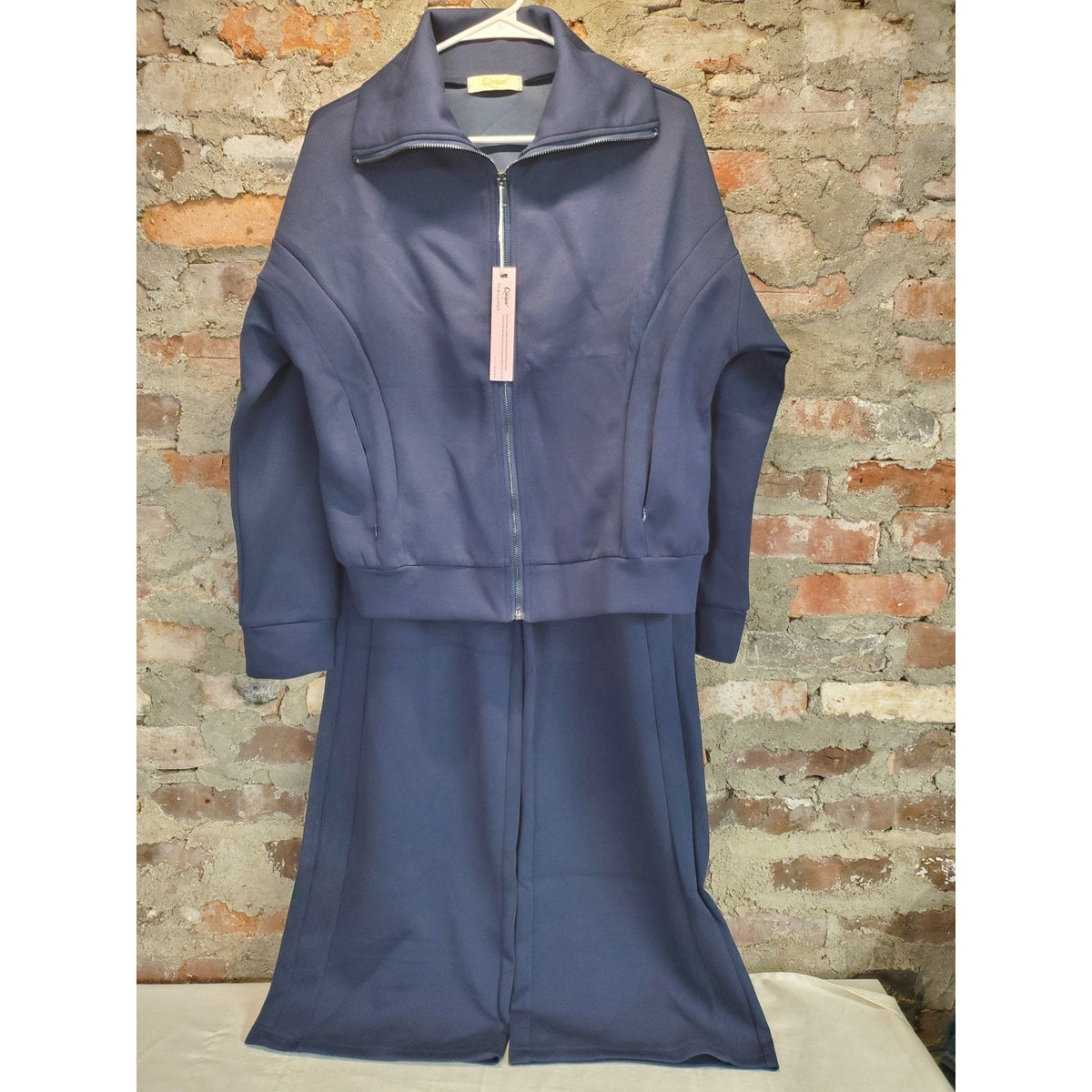 Womens Lounge Set Outfit M Navy Blue Cotton Blend Full Zip Wide Leg Pants