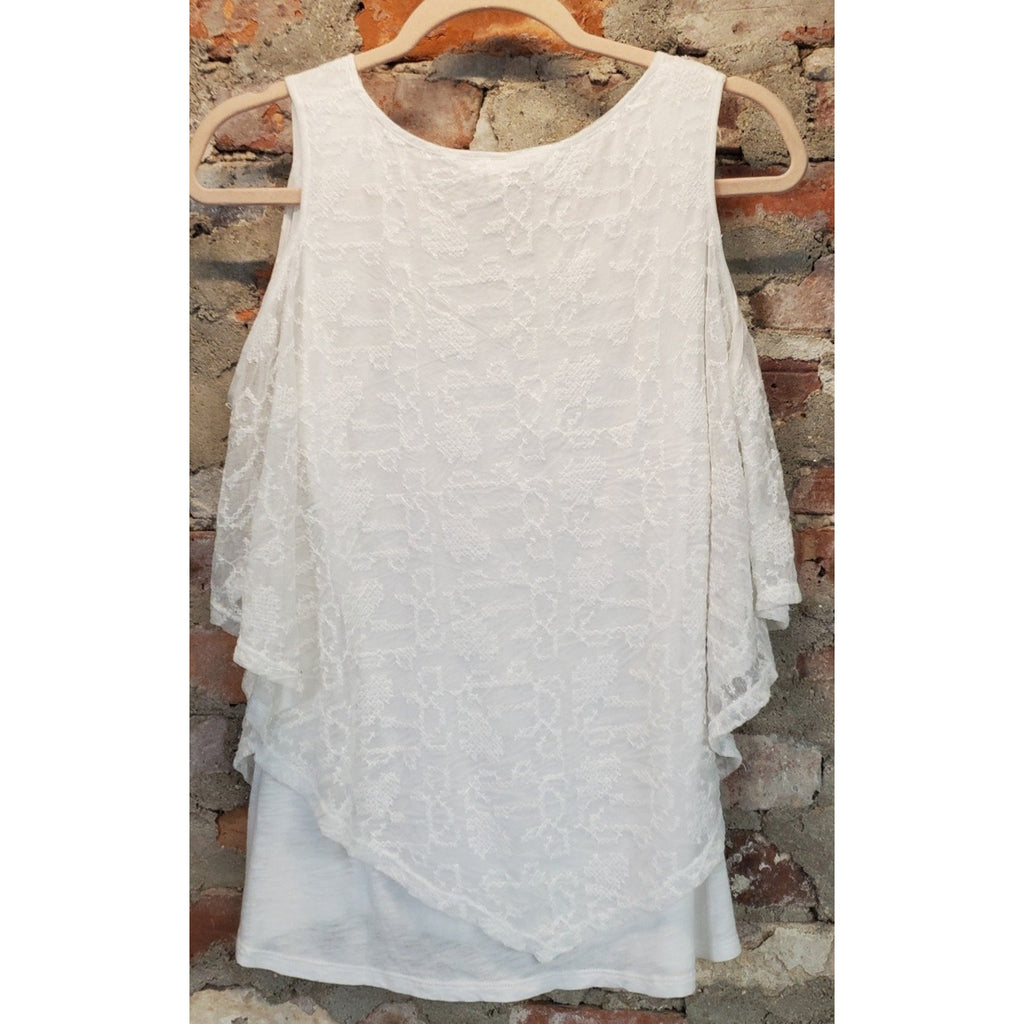 XCVI Womens White Lace Cold Shoulder Layered V Neck Tank Top Size M