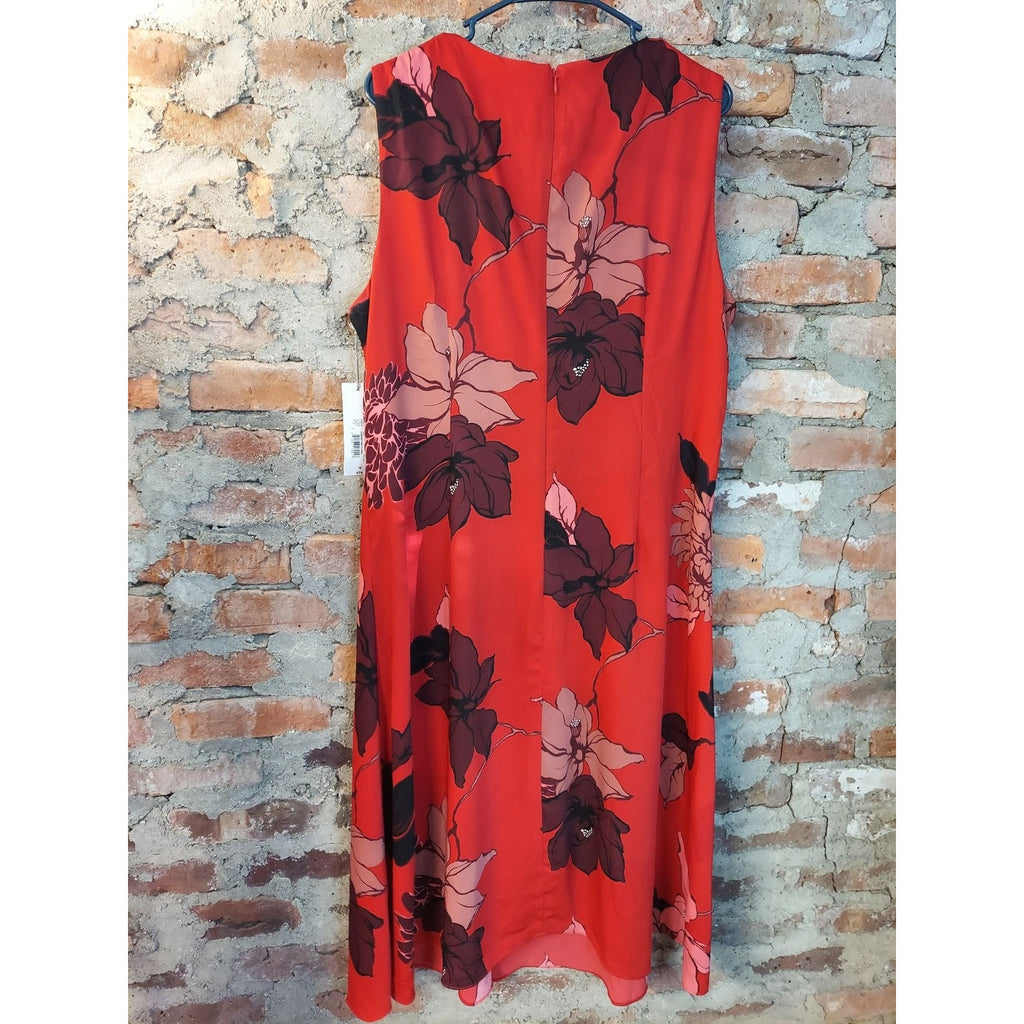 Liz Claiborne Womens Sleeveless Dress Size 16 Red Floral Print Sheath Midi