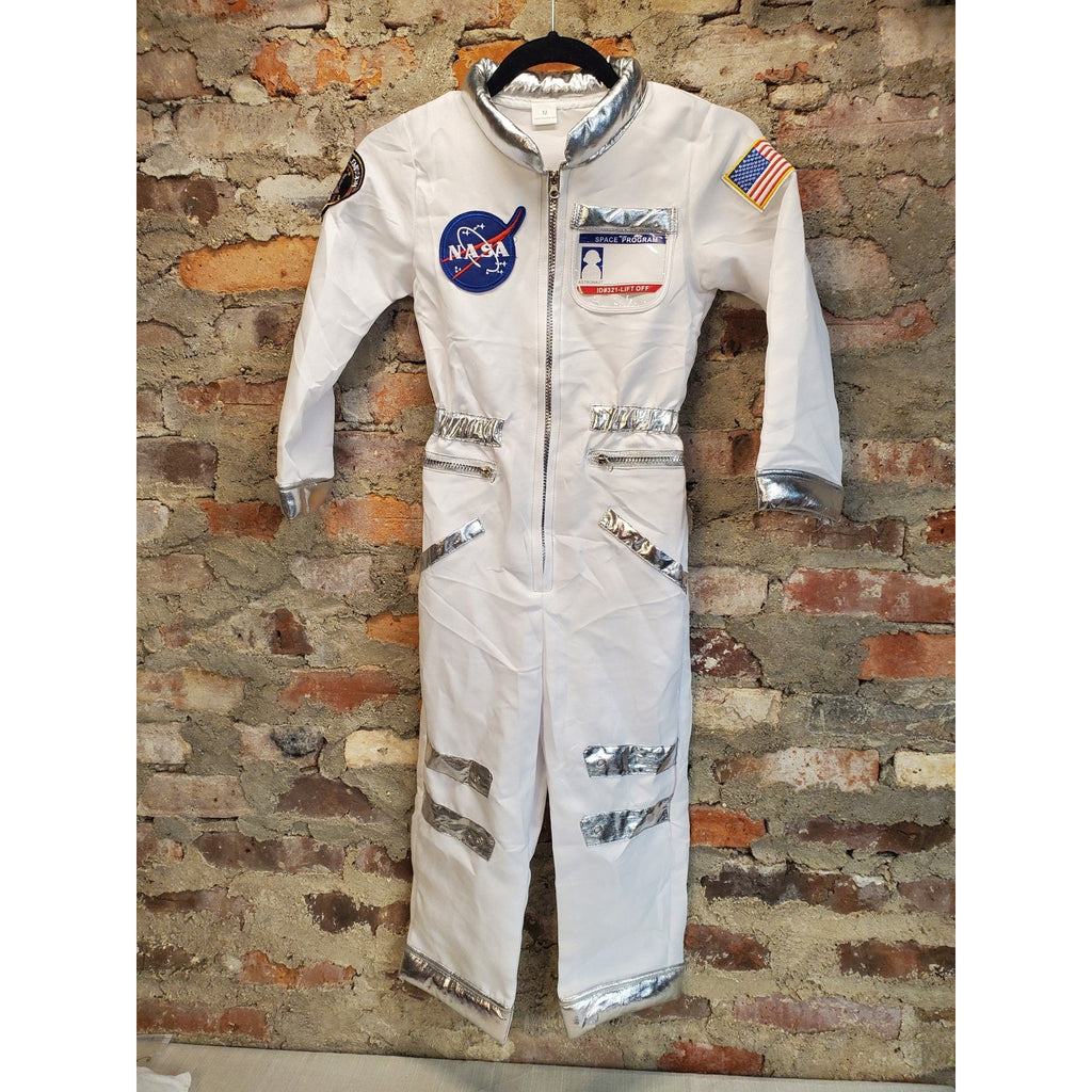 NASA Childrens Astronaut Costume Jumpsuit M White Silver American Flag Polyester
