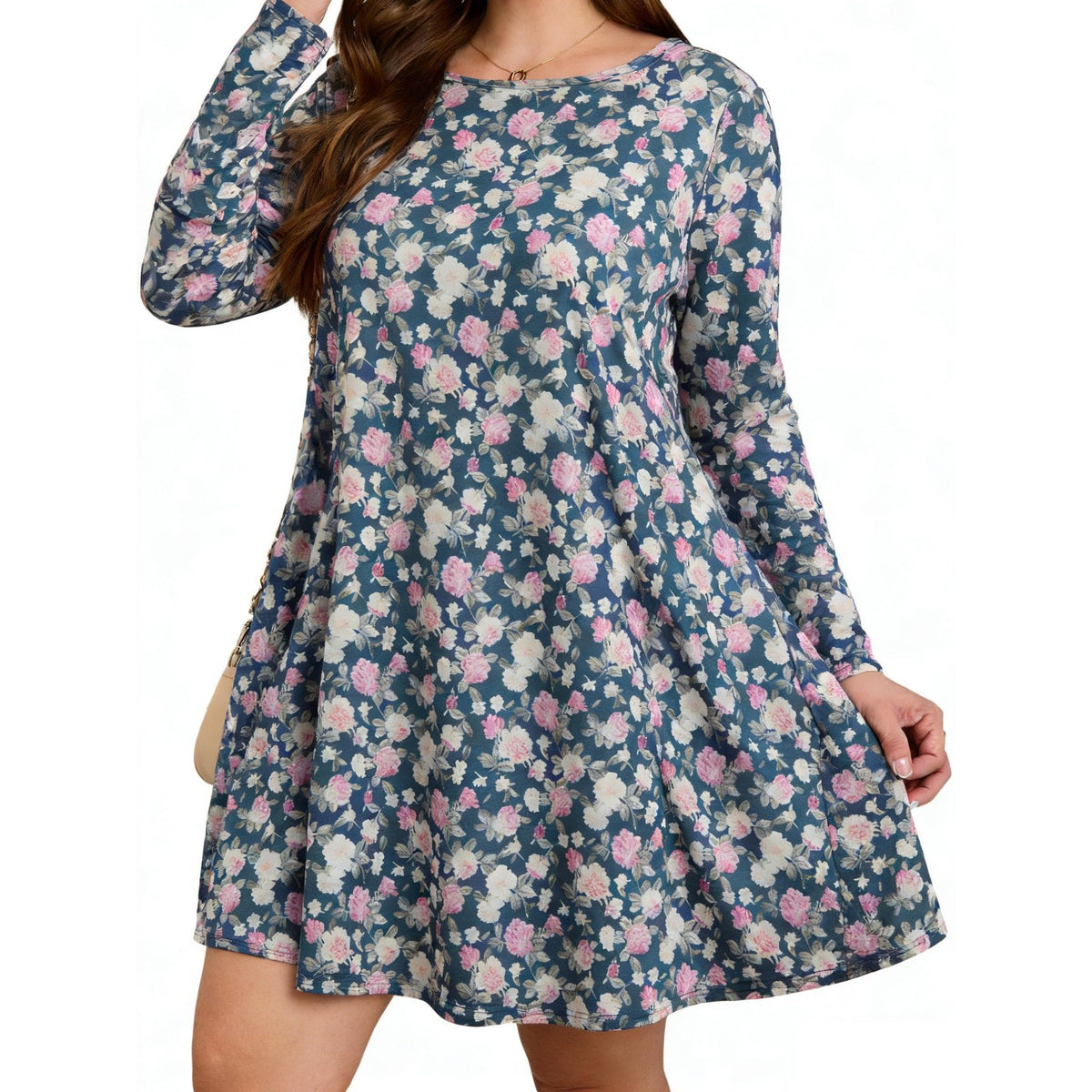 BLANCHES Womens Sz 2x Navy Pink Floral Dress Long Sleeve Pockets New