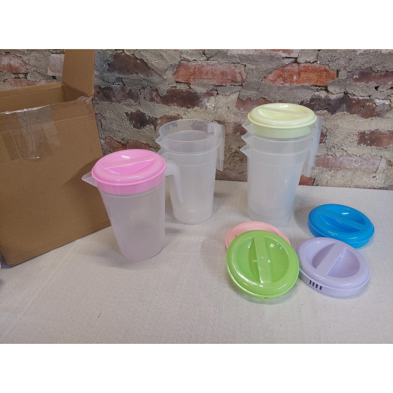 Plastic Refrigerator Pitchers Set of 5 Multicolor Lids Beverage Drink Water Jugs