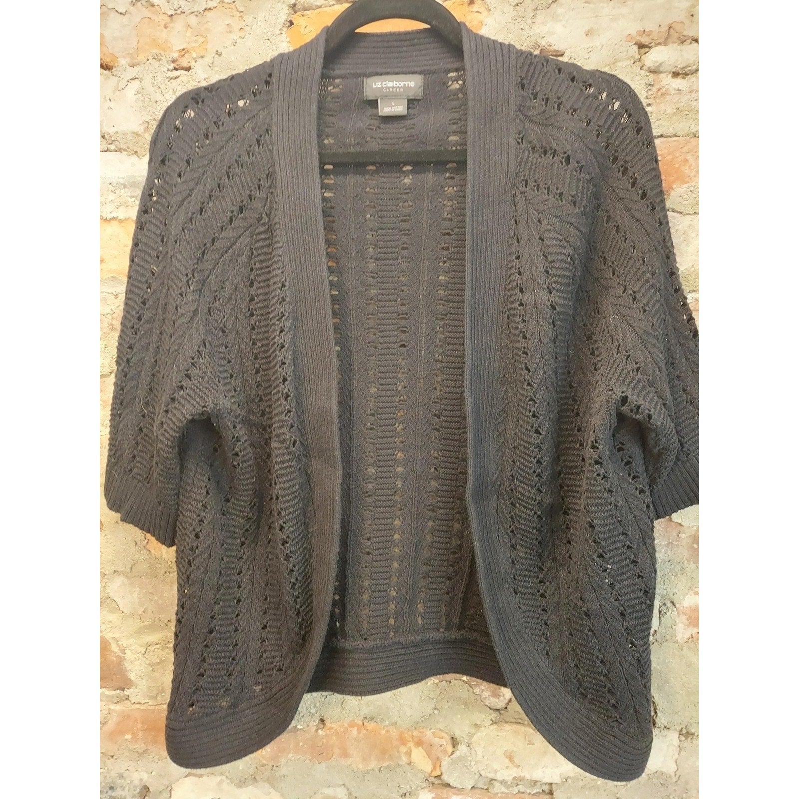 Liz Claiborne Womens Career Open Knit Cardigan L Black 100 Cotton Half Sleeve