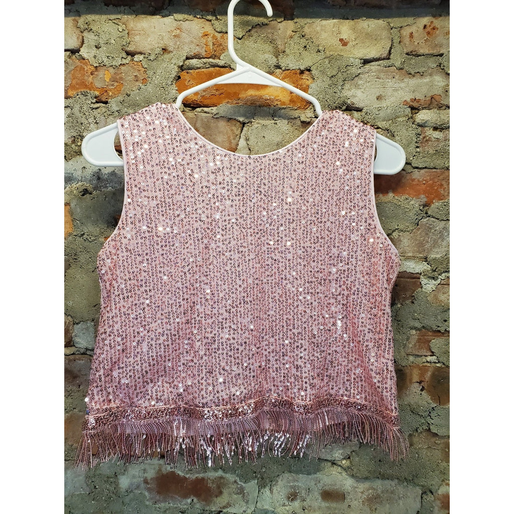 Girls Youth Pink Sequins Fringe Crop Top 11-12 Sleeveless Party Dance