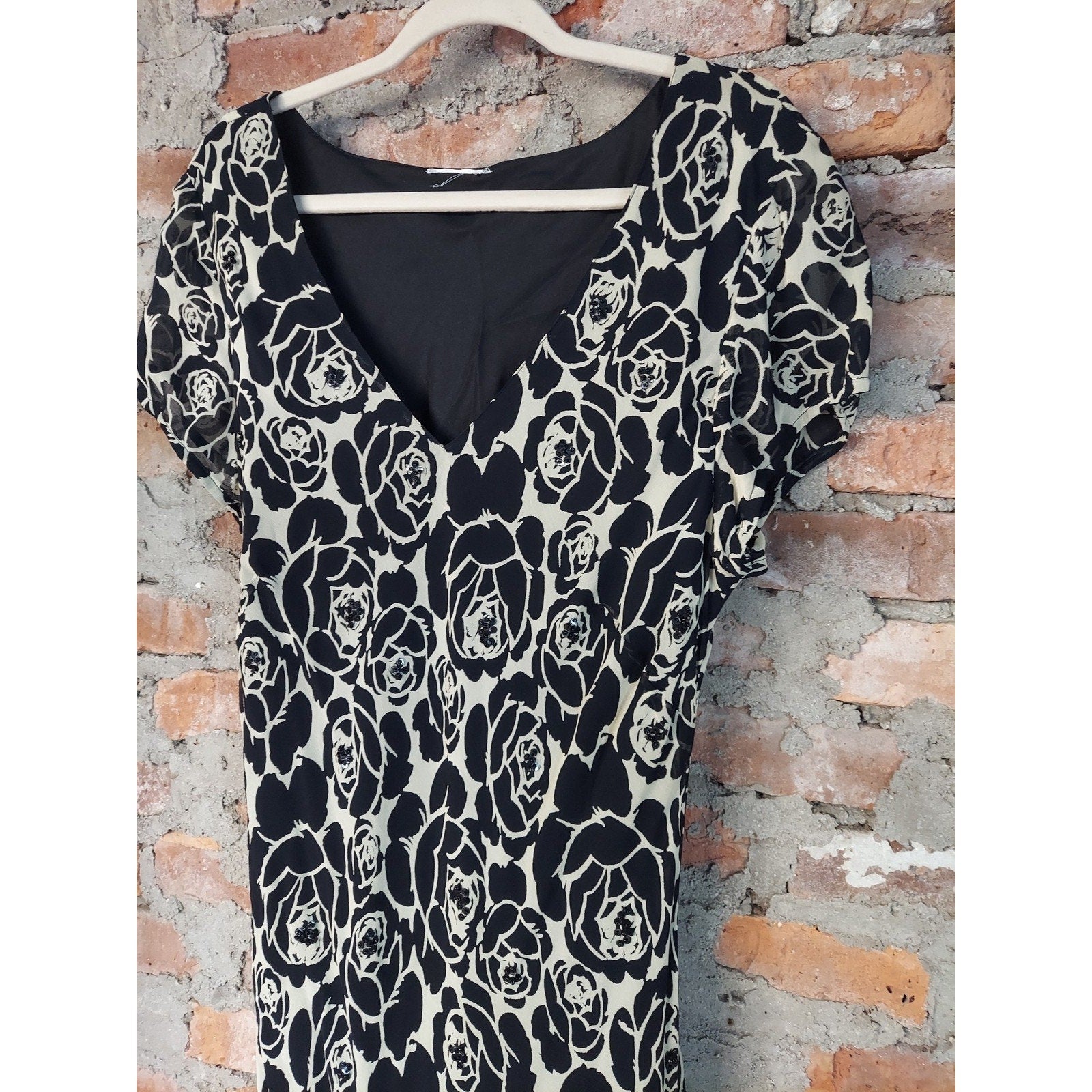 Womens Black White Floral Maxi Dress Short Sleeve V Neck Empire Waist