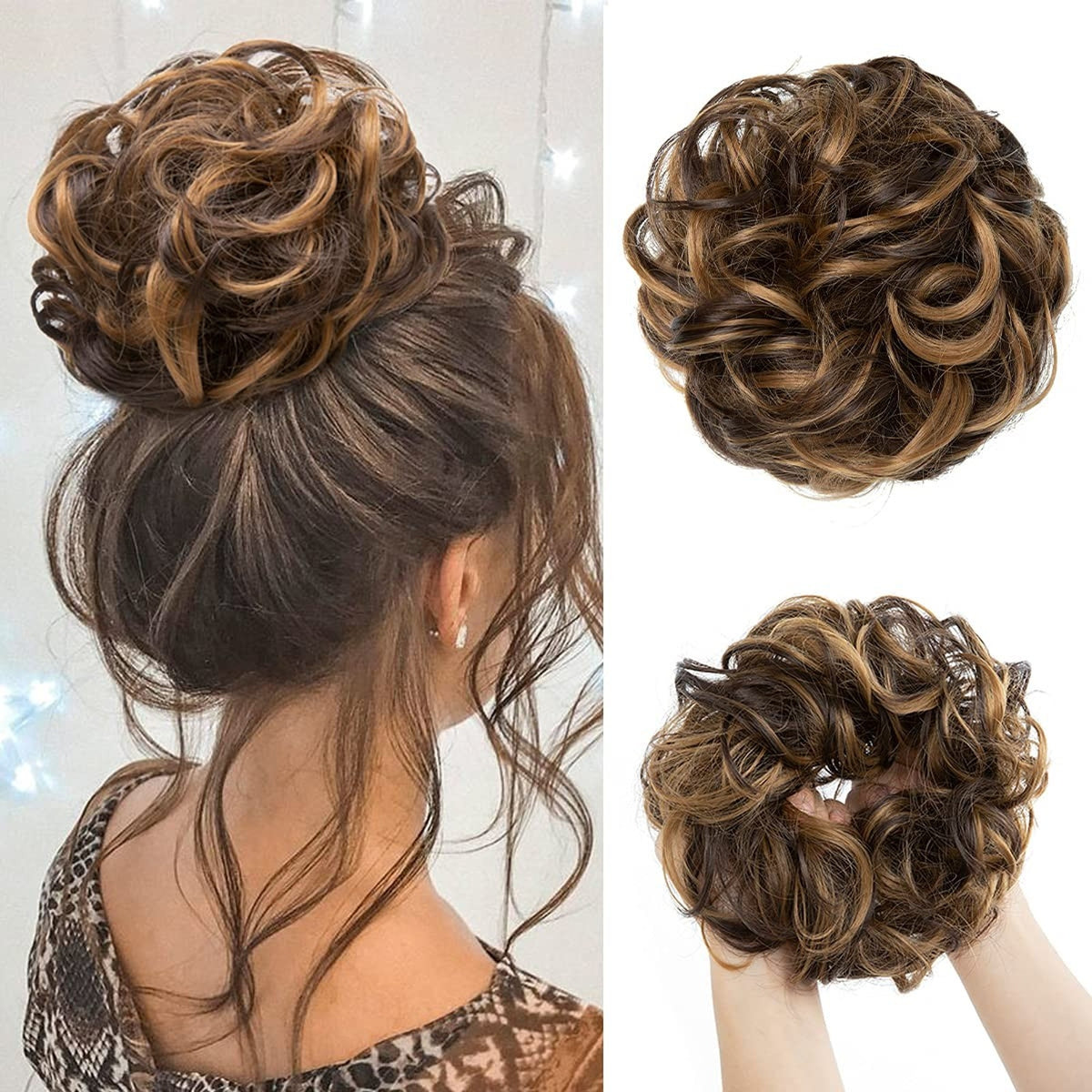 Hair Bun Extension Messy Curly Scrunchie Updo Ponytail Brown Blonde Mix