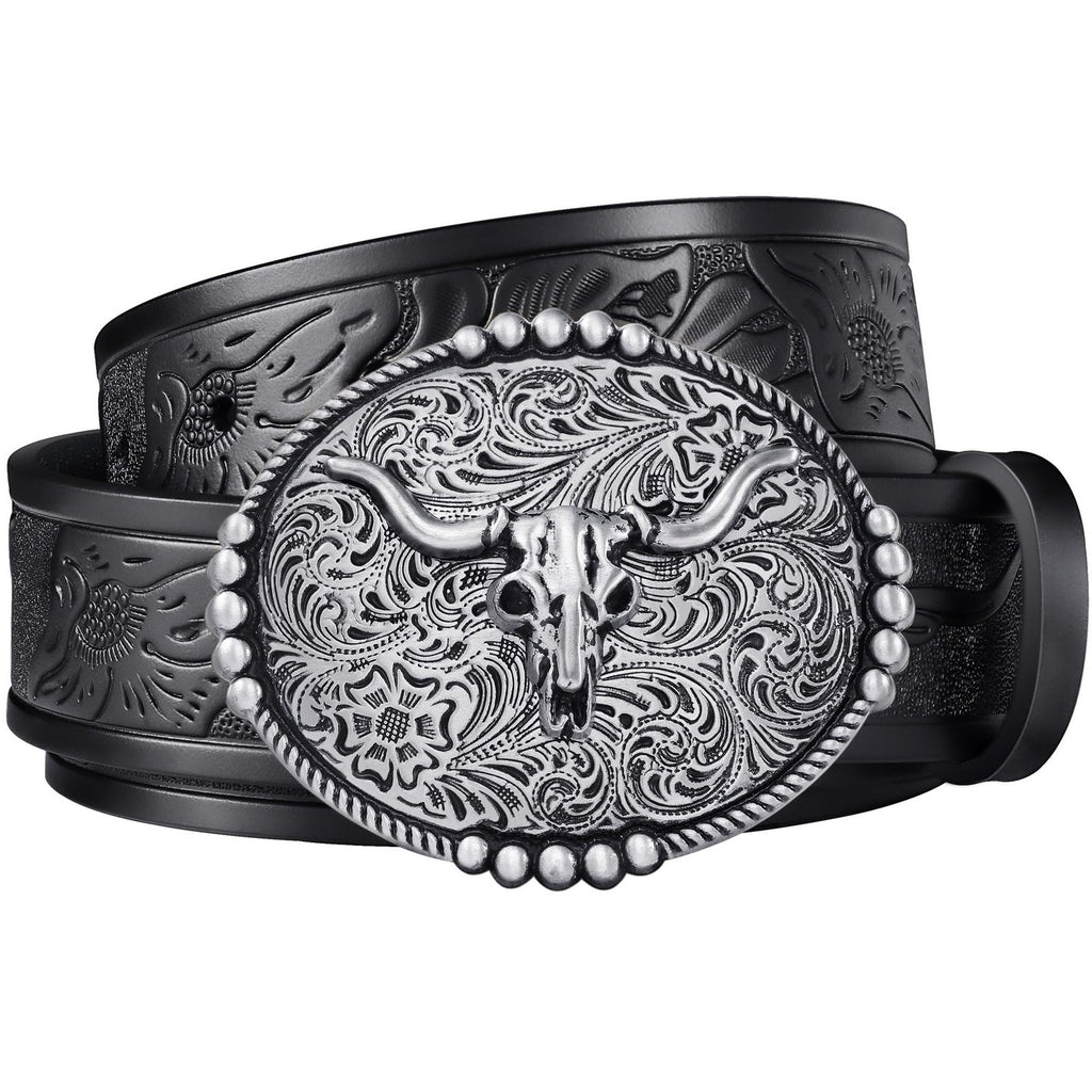 FIORETTO Mens Western Cowboy Bull Skull Silver Buckle Embossed Black Belt