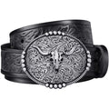 FIORETTO Mens Western Cowboy Bull Skull Silver Buckle Embossed Black Belt