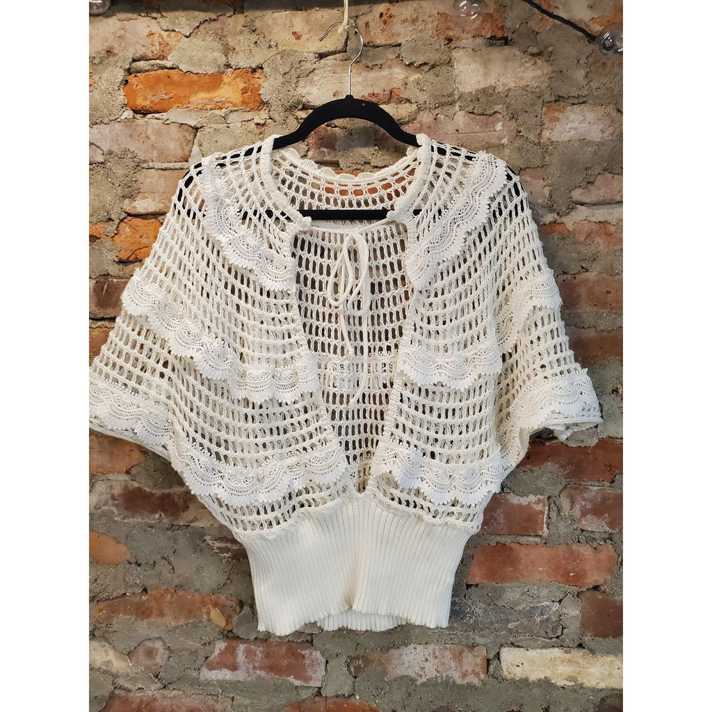SHEIN Womens Crochet Knit Shrug L Cream Open Front Short Sleeve Ribbed Hem Boho
