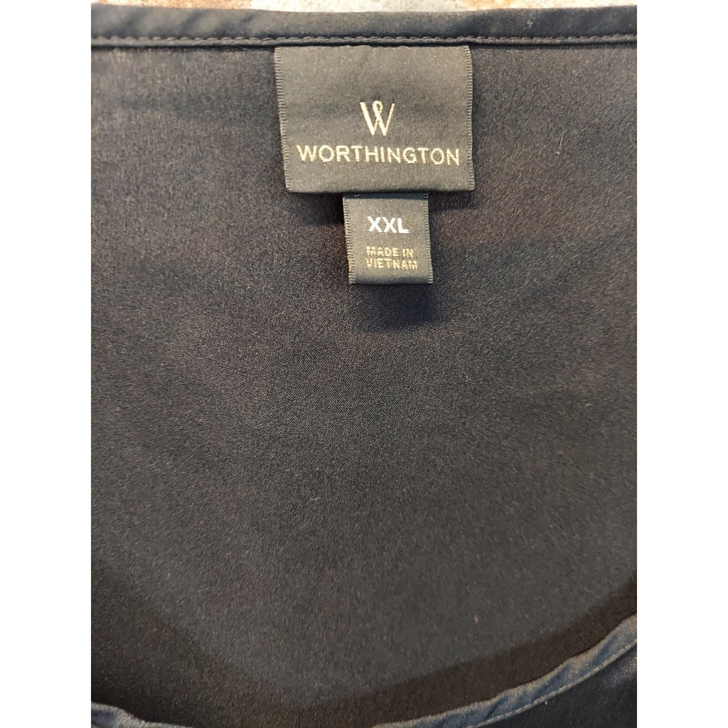 Worthington Womens Blouse XXL Black Ruffle Sleeve Satin Scoop Neck