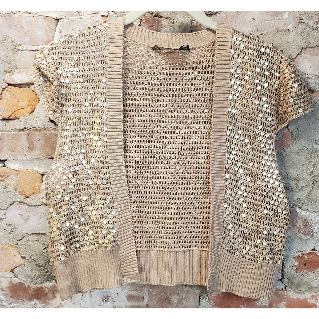 Womens Sz L Sequin Knit Short Sleeve Open Front Cardigan Tan Gold Metallic
