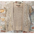 Womens Sz L Sequin Knit Short Sleeve Open Front Cardigan Tan Gold Metallic