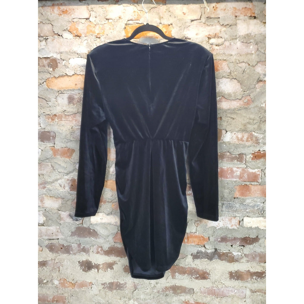 Womens XL Black Velvet Mini Dress Long Sleeve Square Neck Ruched Bodycon Party