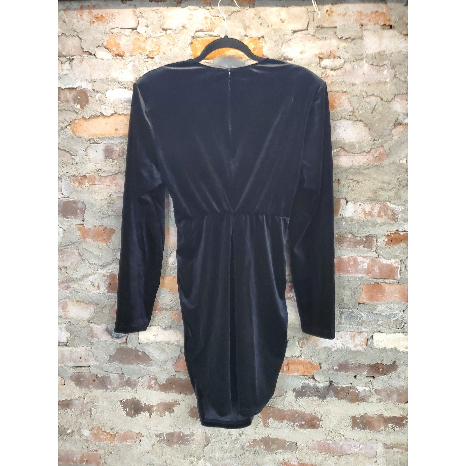 Womens XL Black Velvet Mini Dress Long Sleeve Square Neck Ruched Bodycon Party