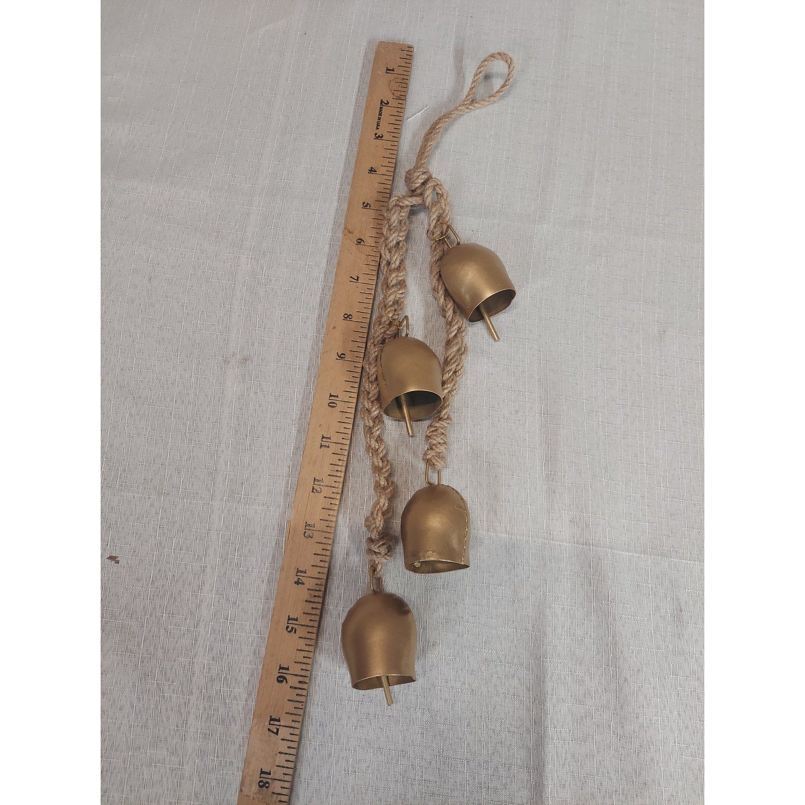 Rustic Boho Farmhouse Brass Tone Metal Bells Jute Rope Hanging Decor Chime