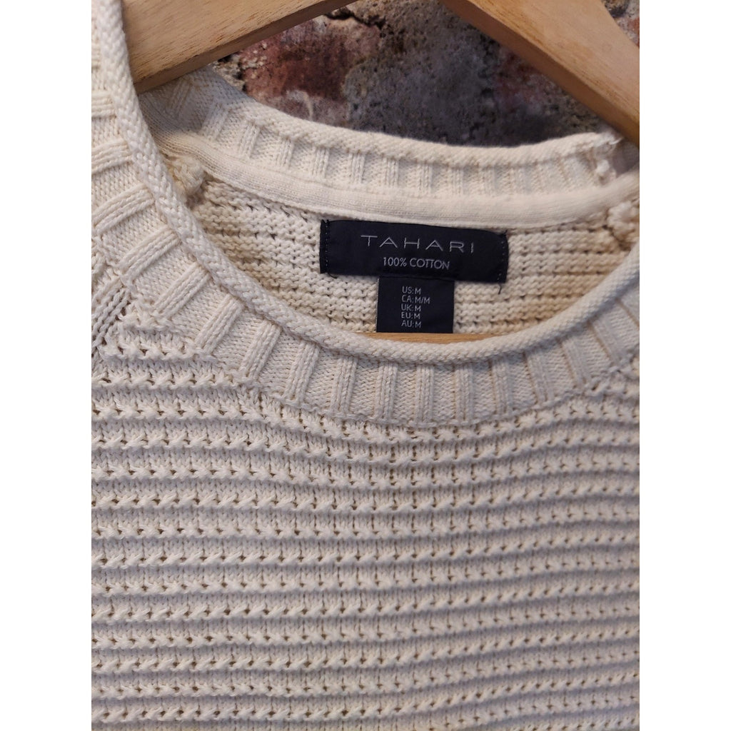 Tahari Womens Short Sleeve Sweater Knit Top Size M Ivory 100% Cotton