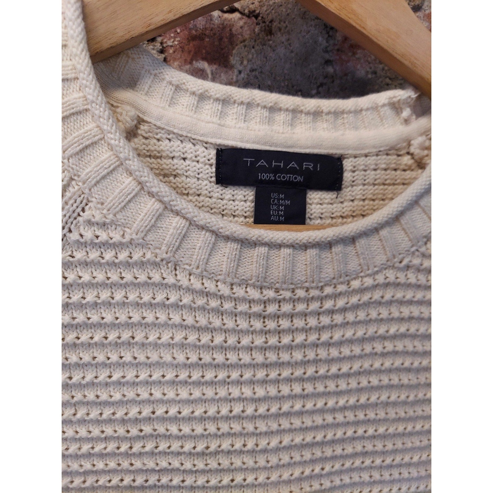 Tahari Womens Short Sleeve Sweater Knit Top Size M Ivory 100% Cotton