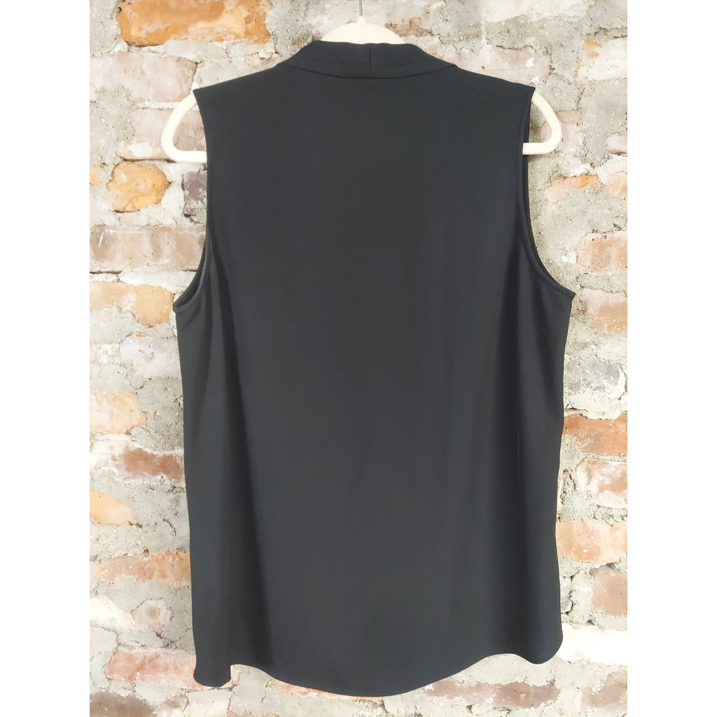Calvin Klein Womens Sleeveless Blouse L Black V Neck Pleated Workwear