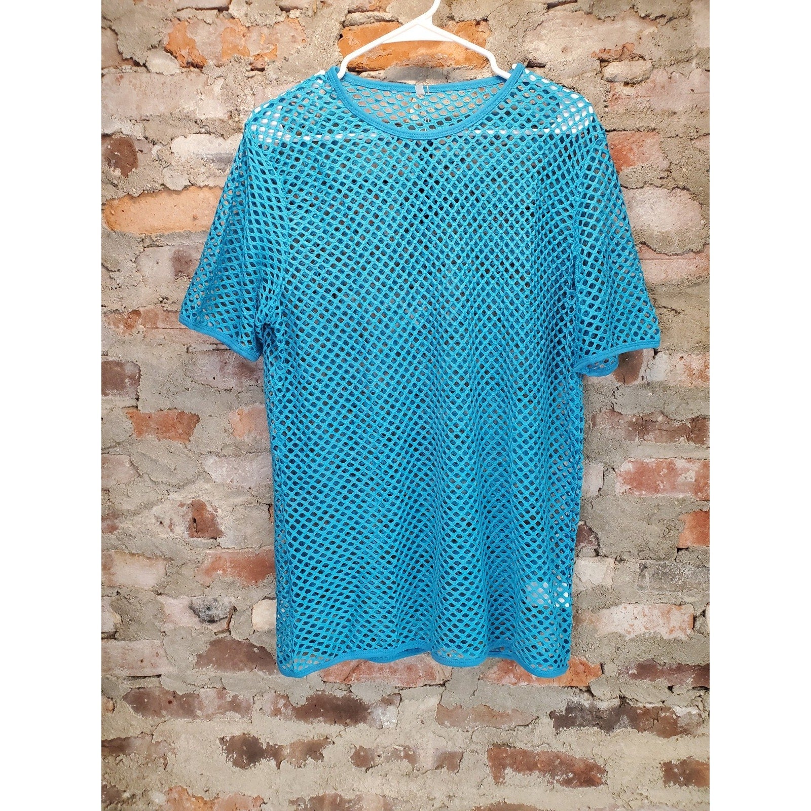 TOPLUS Mens Fishnet Shirt XL Blue Mesh See Through Rave Clubwear NWT