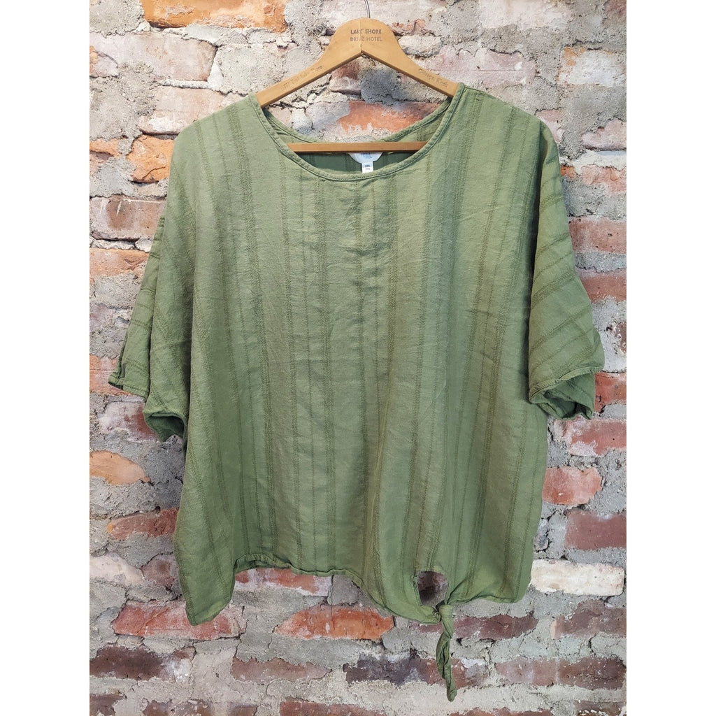 Time & Tru Womens Top XXL 20 Olive Green Short Sleeve Tie Front Striped Linen