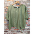 Time & Tru Womens Top XXL 20 Olive Green Short Sleeve Tie Front Striped Linen