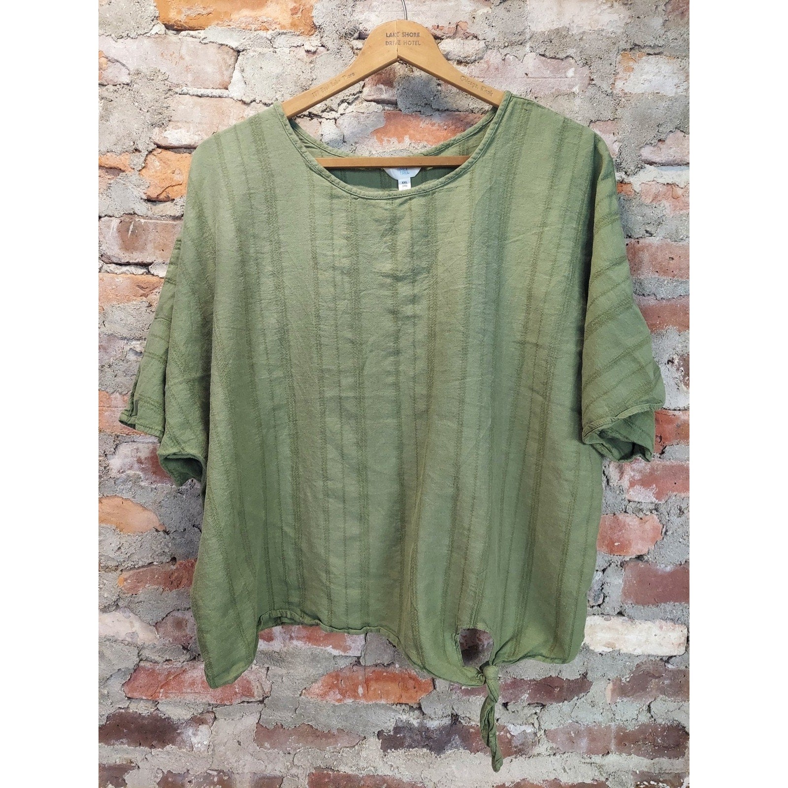 Time & Tru Womens Top XXL 20 Olive Green Short Sleeve Tie Front Striped Linen