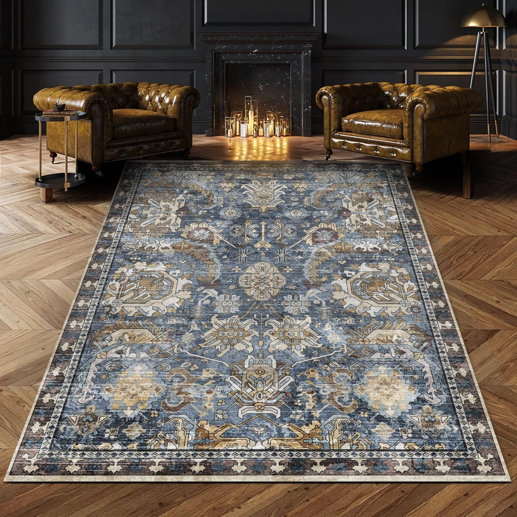 RUGSUARE Area Rug 4x6' Washable Ultra Soft Boho Medallion Blue Cream Brown
