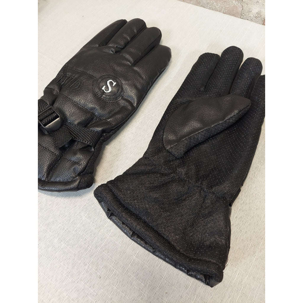 Unisex Winter Gloves Small Black Fleece Lined Faux Leather Warm Adjustable Strap