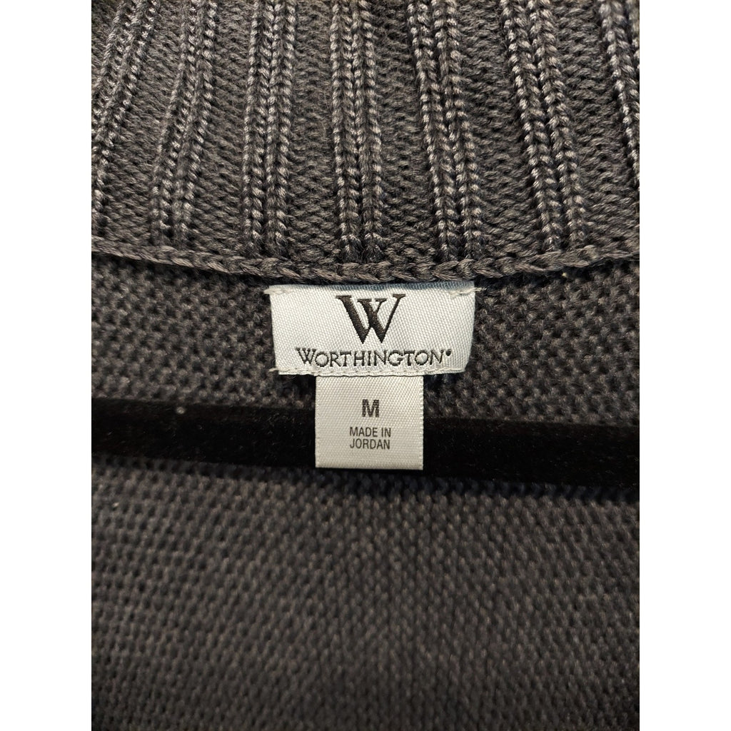 Worthington Womens Cardigan M Gray Short Sleeve Button Front Knit Ribbed
