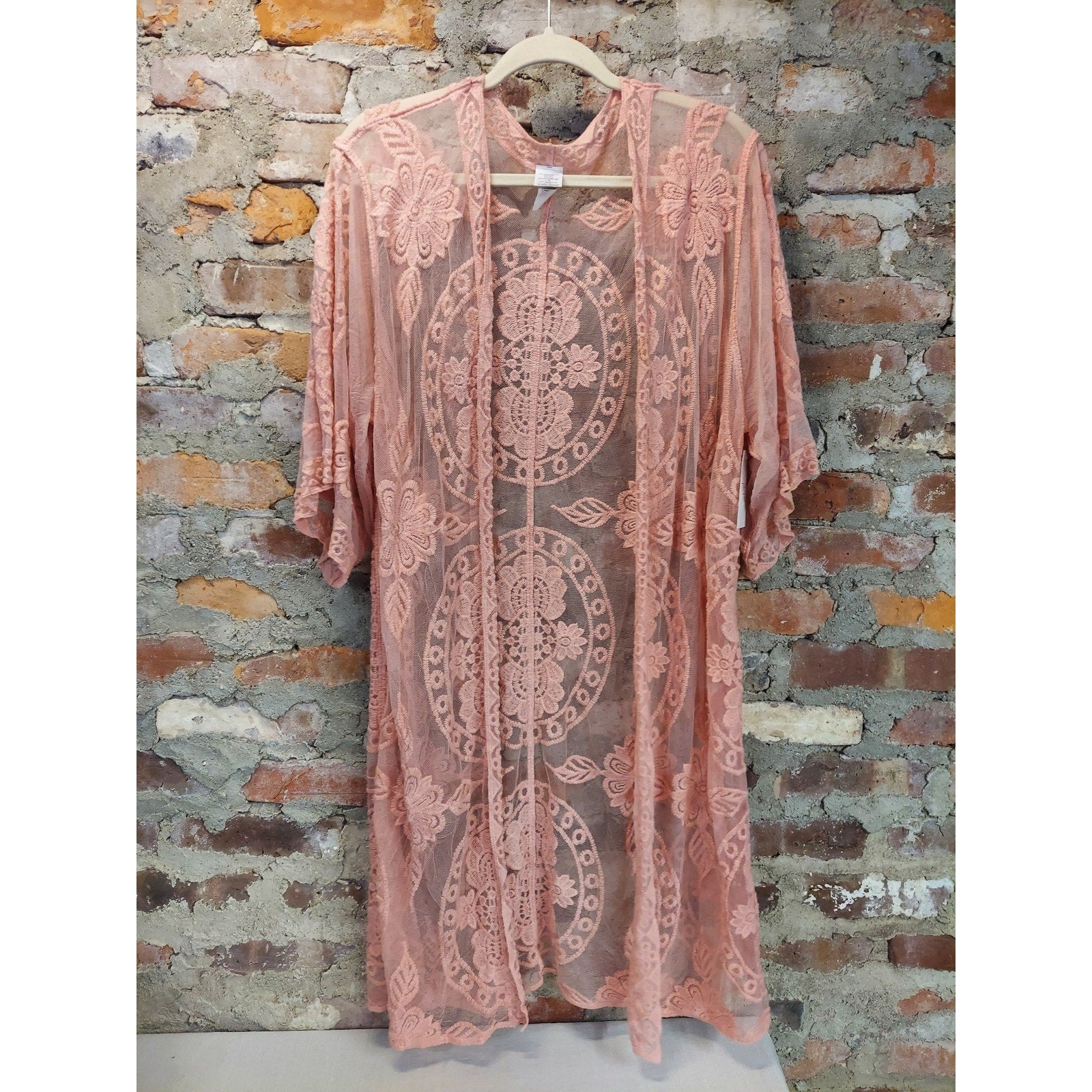 Time and Tru Womens L XL Blush Pink Floral Lace Kimono Duster Cardigan