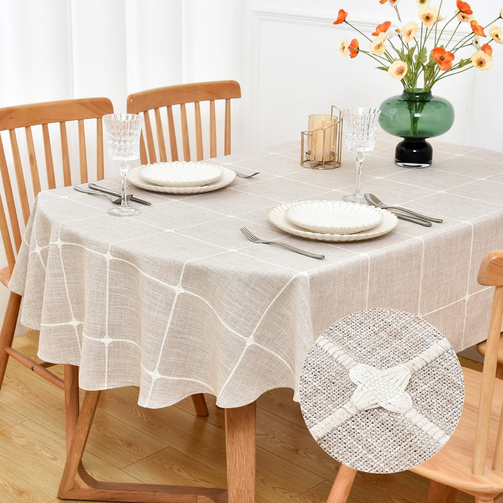 NEWSHER Tablecloth Farmhouse Embroidered Grid Design 60x84 Inch BrownNew