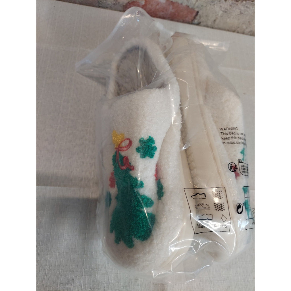 Womens Christmas Tree Slippers Size 9-10 Fuzzy Plush Holiday House Shoes White