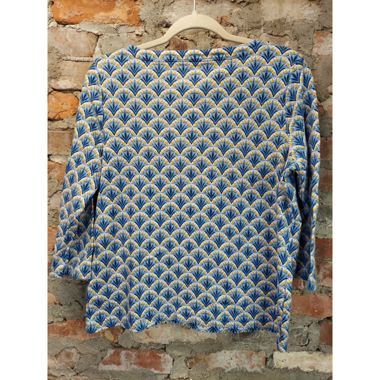 Croft & Barrow Womens Top PM Blue Yellow Fan Print 100% Cotton 3/4 Sleeve Boat