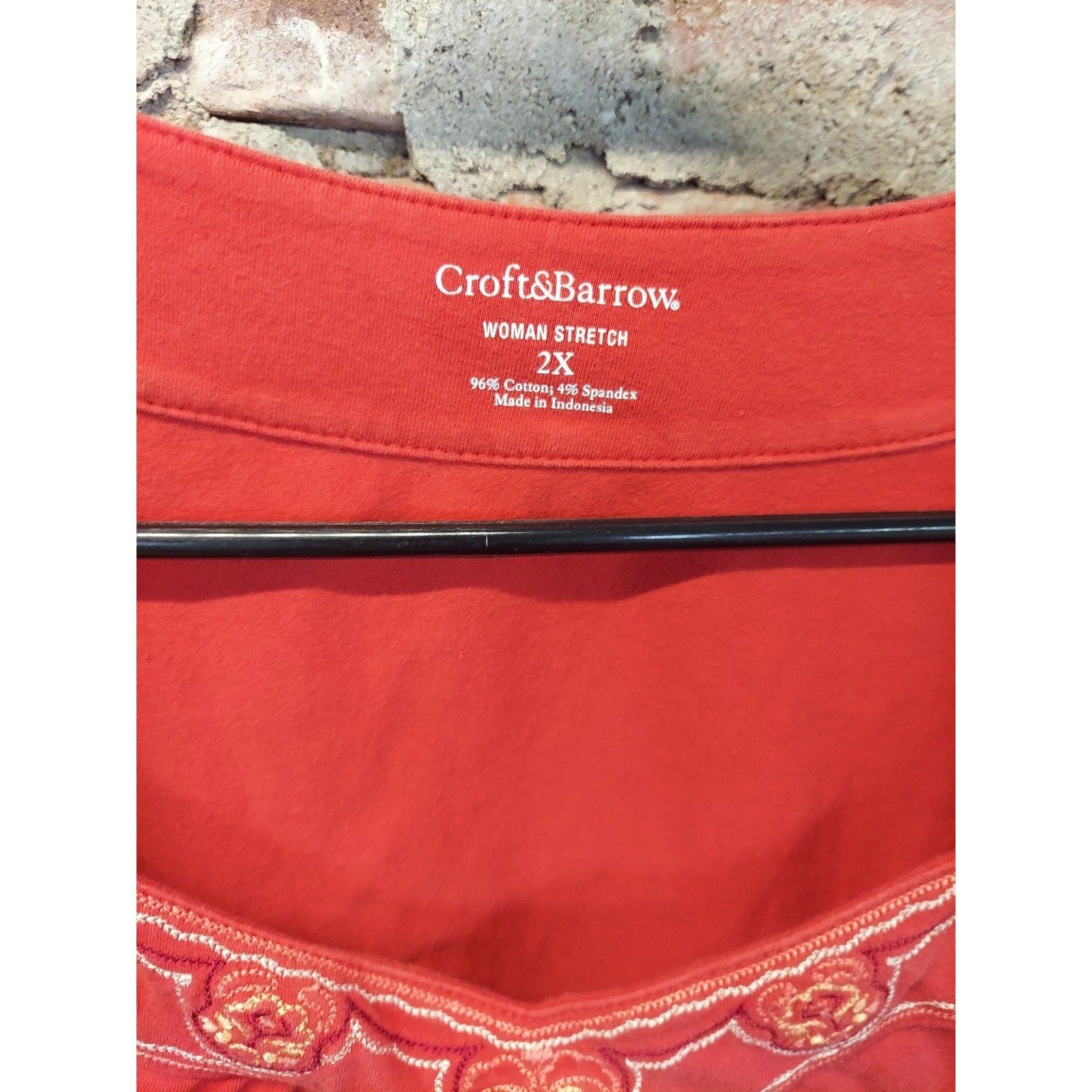 Croft & Barrow Womens Shirt 2X Rust Orange Square Neck Embroidered Short Sleeve