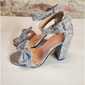 Womens Silver Glitter Block Heel Ankle Strap Bow Sandals US 6 Party Dance