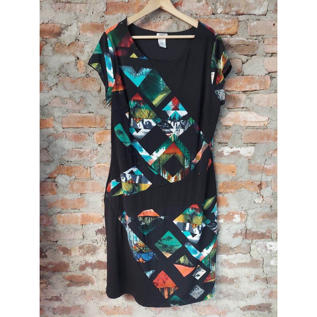 Monroe And Maine Womens Dress 1X Black Multicolor Short Sleeve Geometric Plus