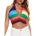 Ovokcina Womens Rainbow Stripe Halter Tank Crop Top L Backless Pride 70s NEW
