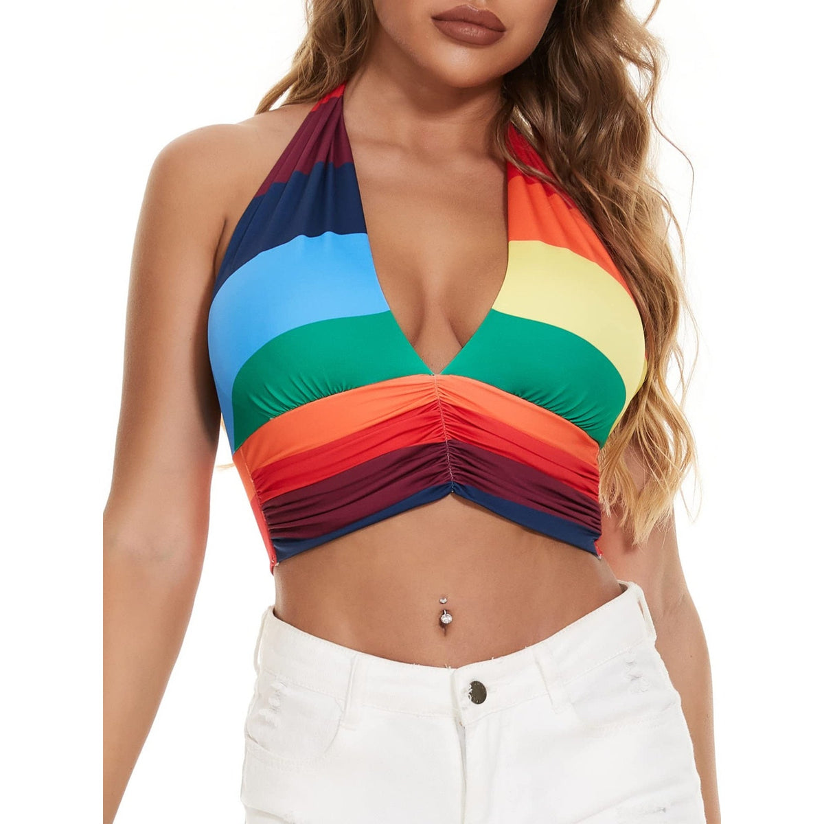 Ovokcina Womens Rainbow Stripe Halter Tank Crop Top L Backless Pride 70s NEW