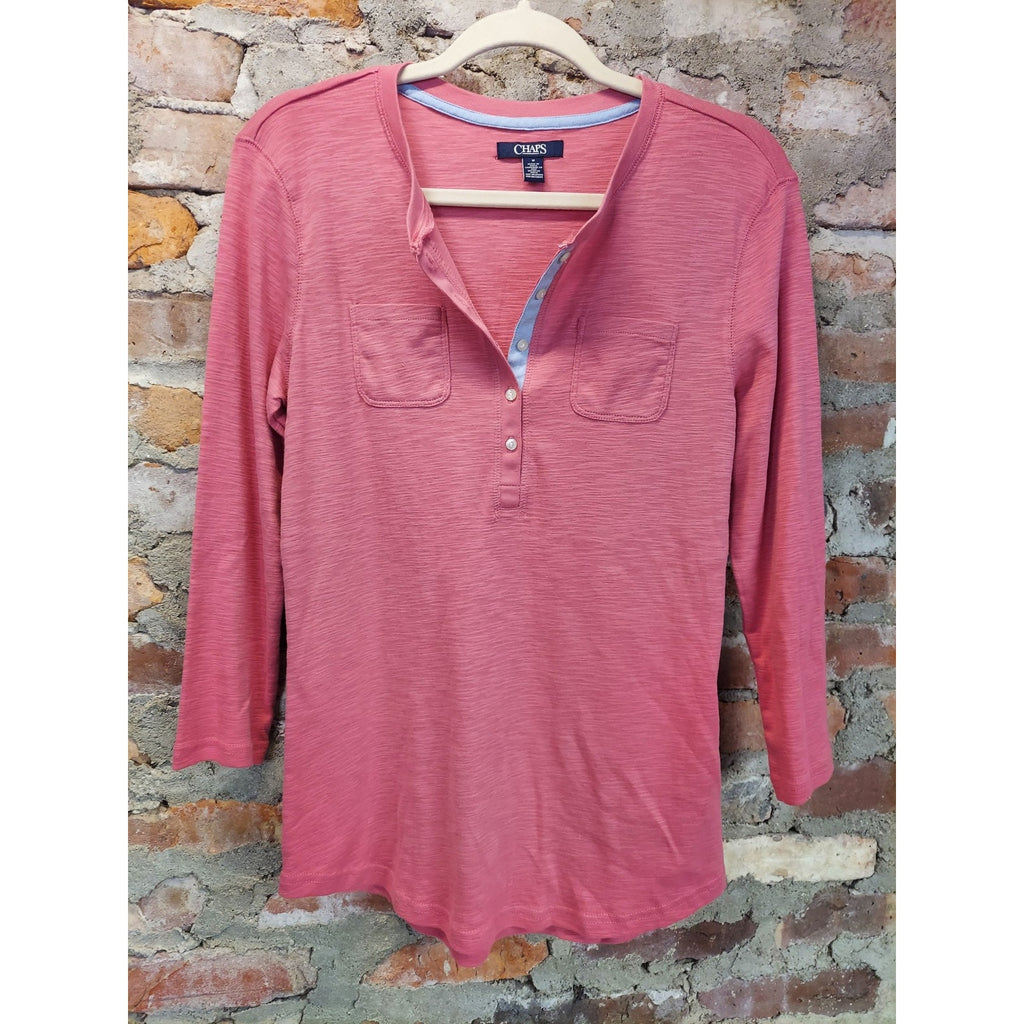 Chaps Womens Henley Shirt Size M Coral Pink 3/4 Sleeve Pockets Knit