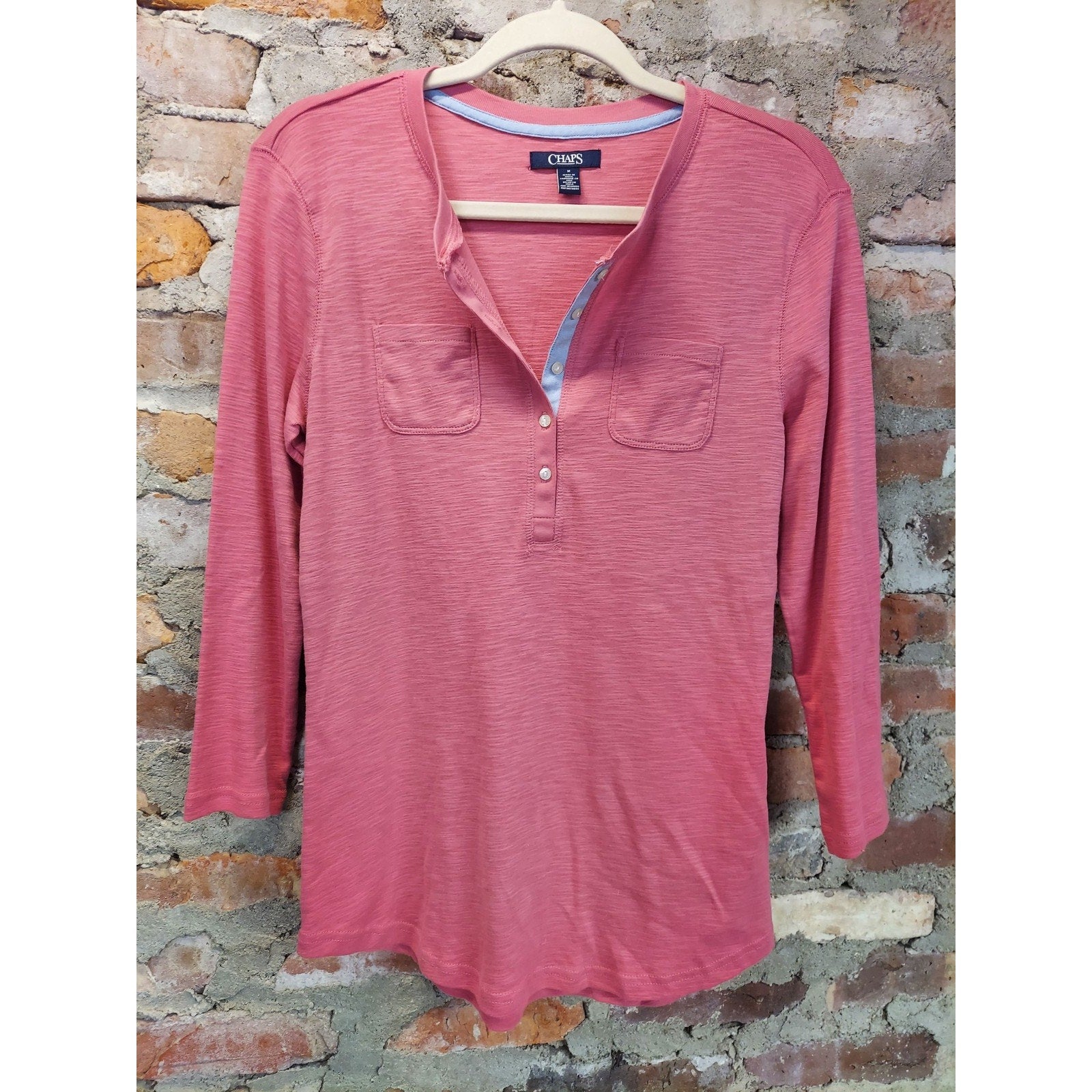 Chaps Womens Henley Shirt Size M Coral Pink 3/4 Sleeve Pockets Knit