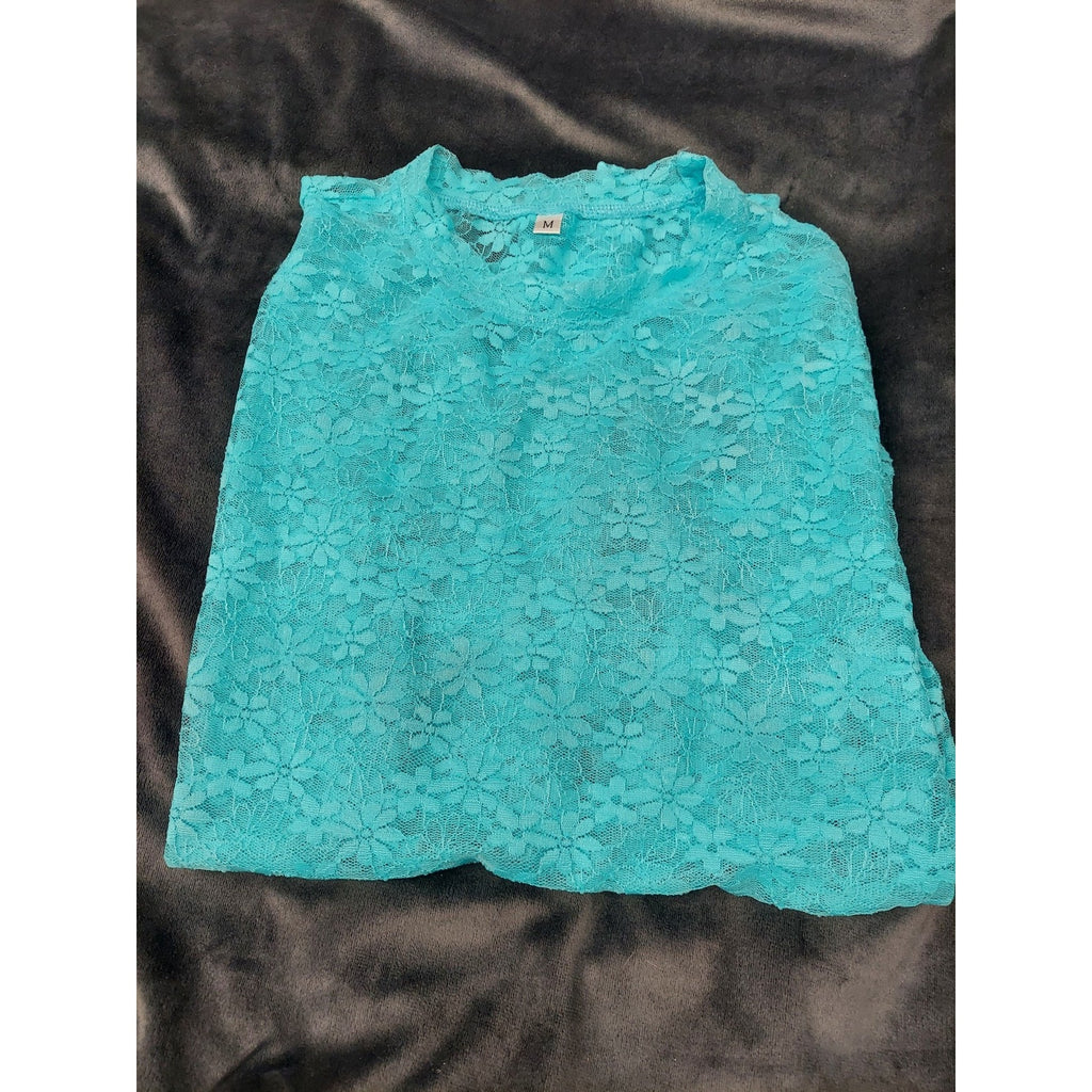 Womens Lace Top M Medium Teal Long Sleeve Floral Sheer Crew Neck Blouse Stretch