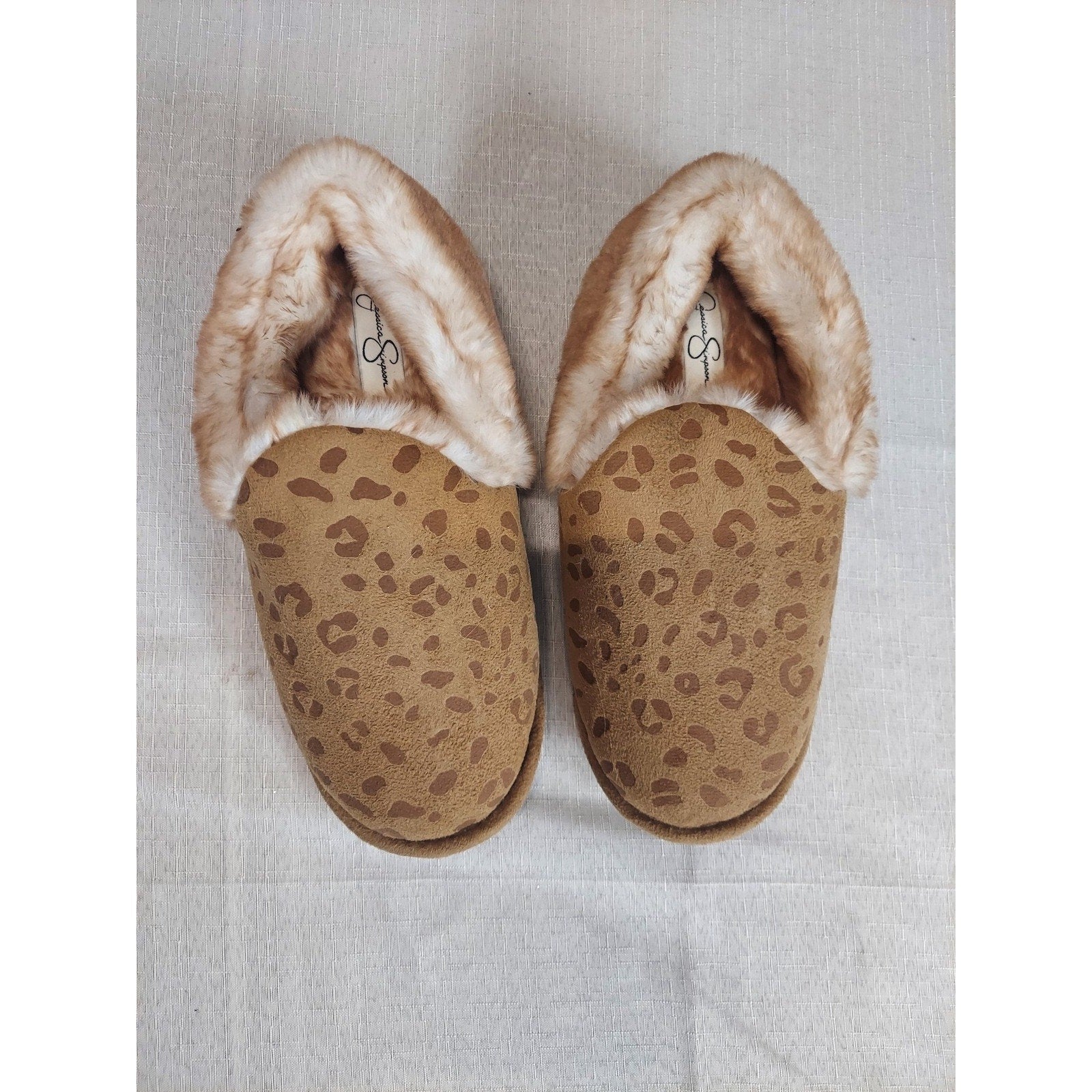 Jessica Simpson Womens Slippers L 8-9 Brown Leopard Print Faux Fur Lined Cozy