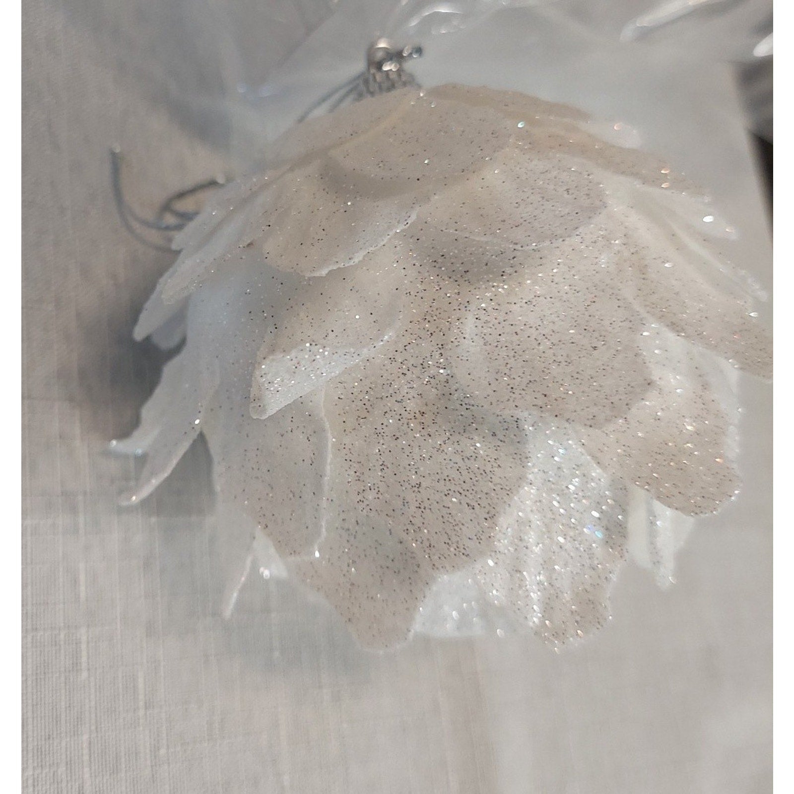 White Glitter Christmas Pinecone Ornament Set 4 Holiday Decor 2.5 Inch