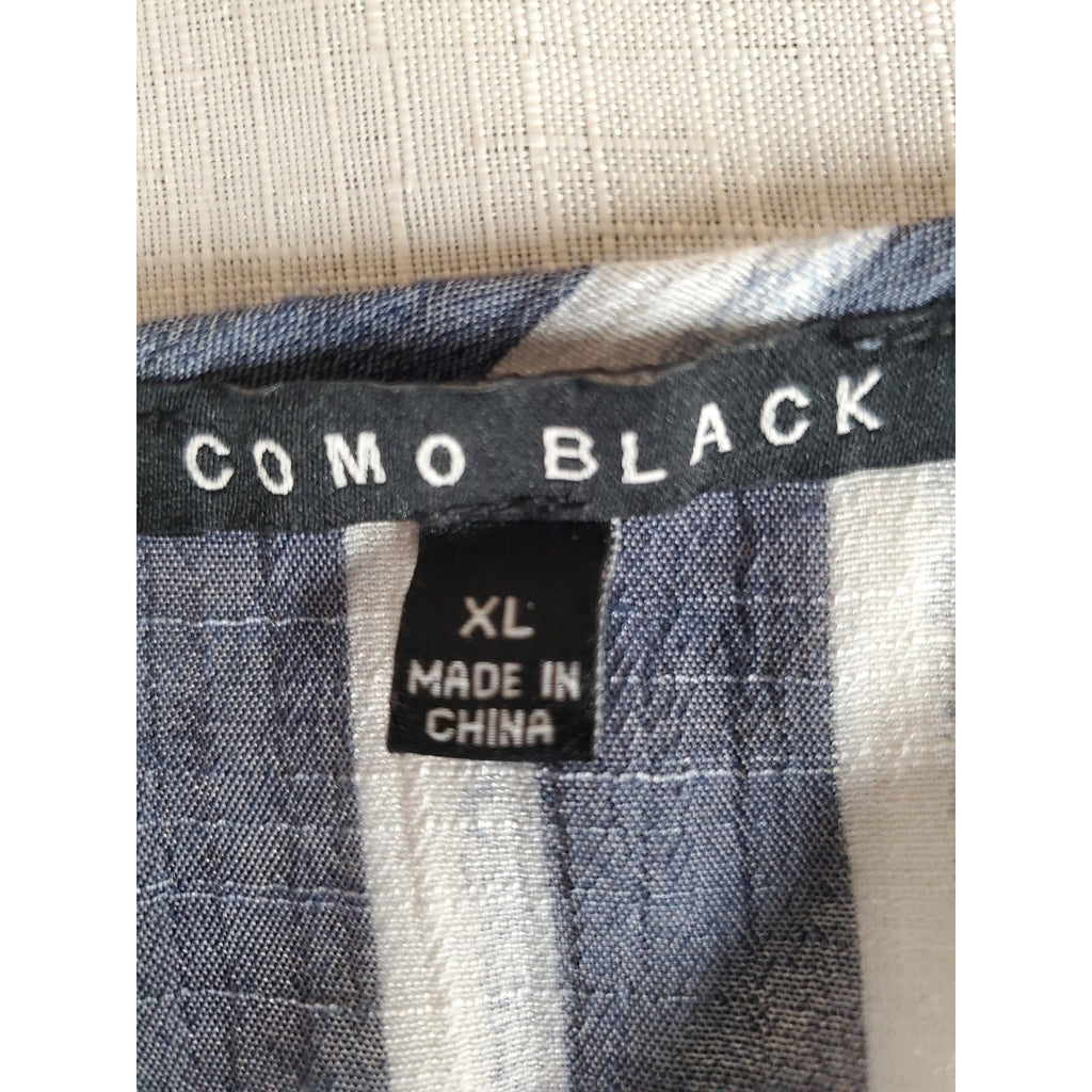 COMO BLACK Womens Blouse XL Blue White Striped V Neck Tie Front Cold Shoulder
